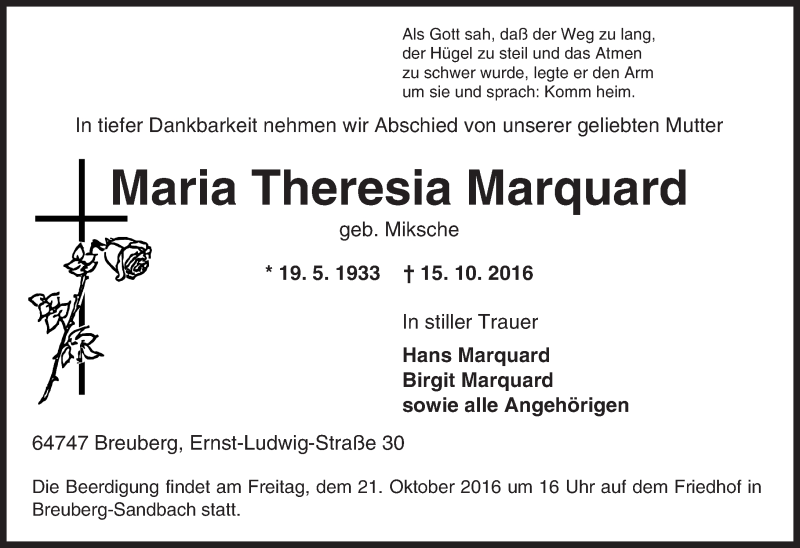  Traueranzeige für Maria Theresia Marquard vom 18.10.2016 aus Trauerportal Echo Online
