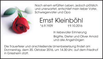 Traueranzeige von Ernst Kleinböhl von Trauerportal Echo Online