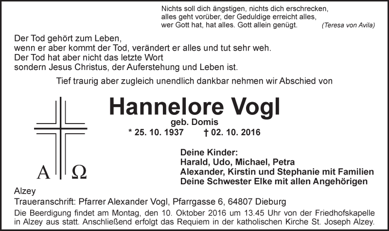 Traueranzeige für Hannelore Vogl vom 07.10.2016 aus Trauerportal Rhein Main Presse