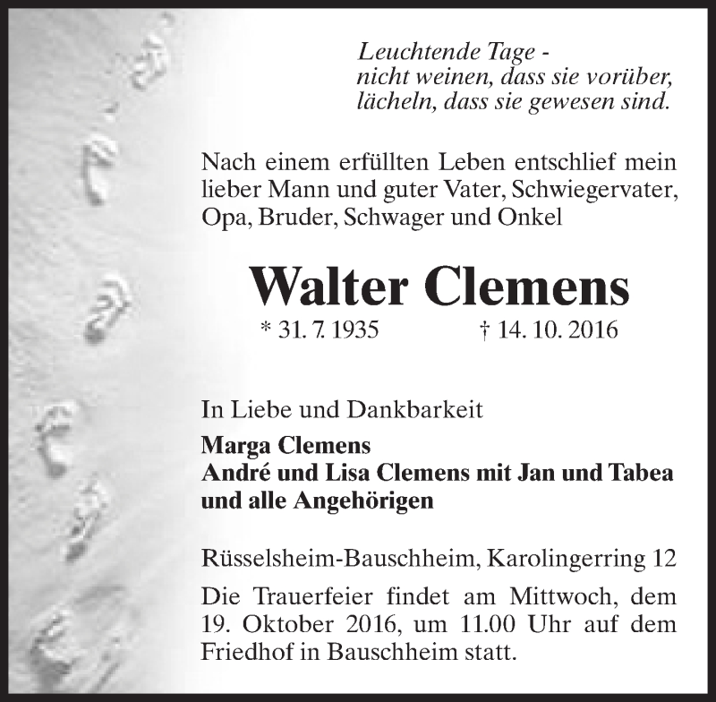  Traueranzeige für Walter Clemens vom 18.10.2016 aus Trauerportal Rhein Main Presse