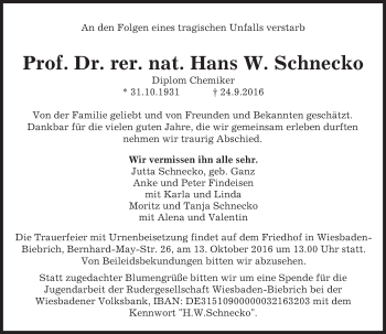 Traueranzeige von Hans W. Schnecko von Trauerportal Rhein Main Presse