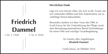 Traueranzeige von Friedrich Dammel von Trauerportal Echo Online