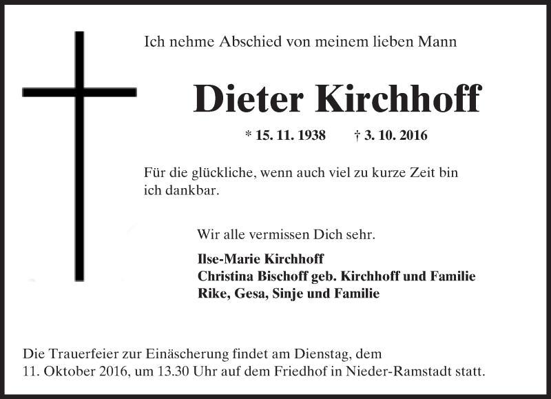  Traueranzeige für Dieter Kirchhoff vom 08.10.2016 aus Trauerportal Echo Online
