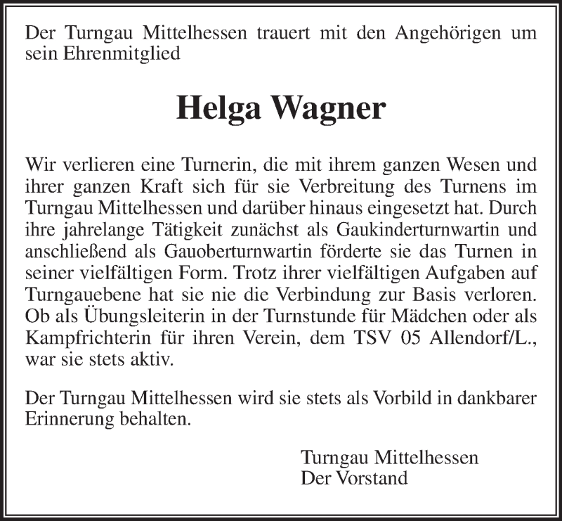 Traueranzeige für Helga Wagner vom 21.10.2016 aus  Gießener Anzeiger