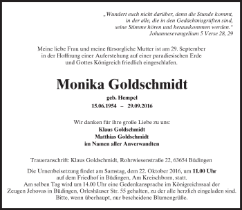 Traueranzeige von Monika Goldschmidt von  Kreisanzeiger