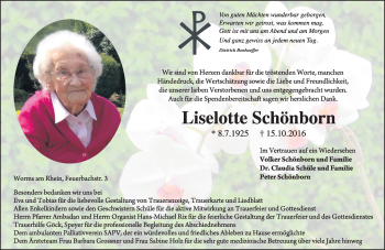 Traueranzeige von Liselotte Schönborn von Trauerportal Rhein Main Presse