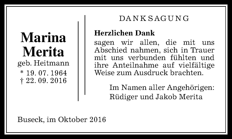  Traueranzeige für Marina Merita vom 19.10.2016 aus  Gießener Anzeiger