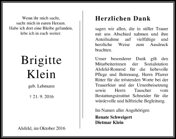 Traueranzeige von Brigitte Klein von VRM Trauer
