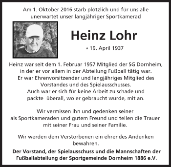 Traueranzeige von Heinz Lohr von Trauerportal Echo Online