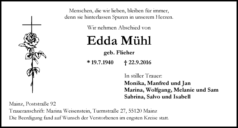 Traueranzeige für Edda Mühl vom 08.10.2016 aus Trauerportal Rhein Main Presse