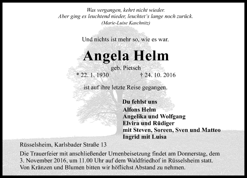  Traueranzeige für Angela Helm vom 29.10.2016 aus Trauerportal Rhein Main Presse