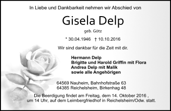 Traueranzeige von Gisela Delp von Trauerportal Echo Online
