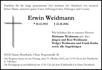 Traueranzeige von Erwin Weidmann von Trauerportal Rhein Main Presse