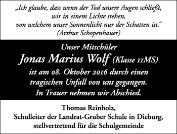 Traueranzeige von Jonas Marius  Wolf von Trauerportal Echo Online