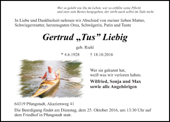 Traueranzeige von Getrud Liebig von Trauerportal Echo Online