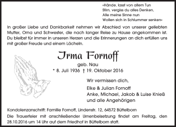 Traueranzeige von Irma Fornoff von Trauerportal Echo Online