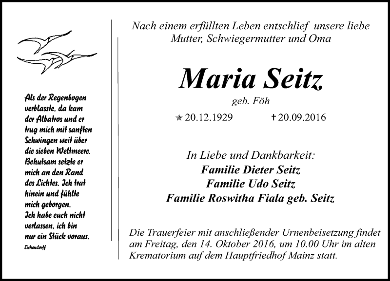  Traueranzeige für Maria Seitz vom 08.10.2016 aus Trauerportal Rhein Main Presse