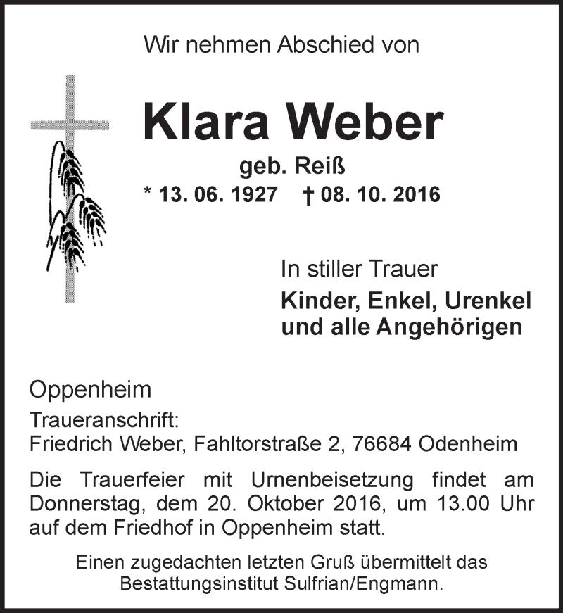  Traueranzeige für Klara Weber vom 15.10.2016 aus Trauerportal Rhein Main Presse