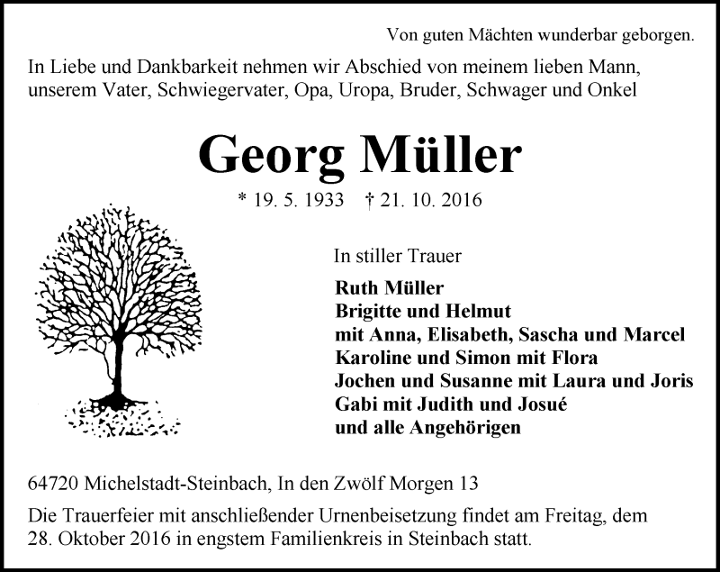  Traueranzeige für Georg Müller vom 26.10.2016 aus Trauerportal Echo Online