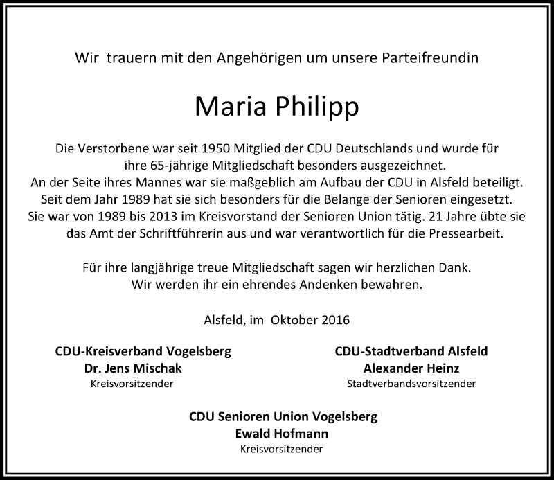  Traueranzeige für Maria Philipp vom 20.10.2016 aus VRM Trauer