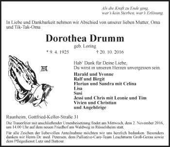 Traueranzeige von Dorothea Drumm von Trauerportal Rhein Main Presse