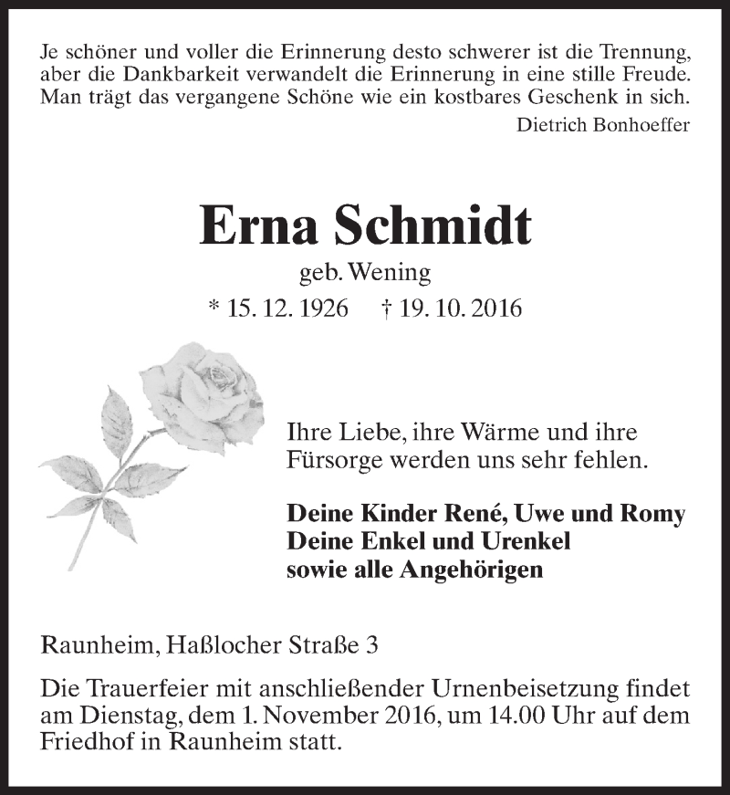  Traueranzeige für Erna Schmidt vom 22.10.2016 aus Trauerportal Rhein Main Presse