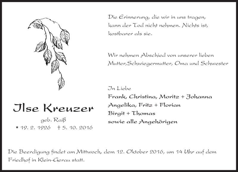  Traueranzeige für Ilse Kreuzer vom 08.10.2016 aus Trauerportal Echo Online