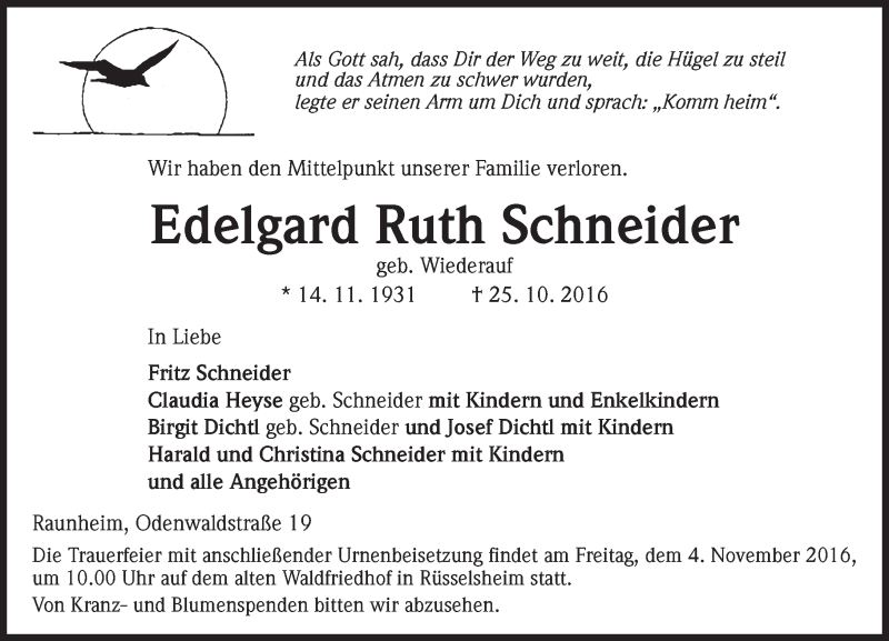  Traueranzeige für Edelgard Ruth Schneider vom 29.10.2016 aus Trauerportal Rhein Main Presse
