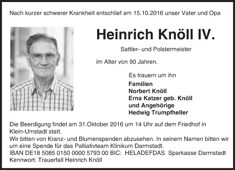  Traueranzeige für Heinrich Knöll IV. vom 27.10.2016 aus Trauerportal Echo Online