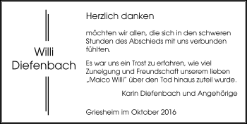 Traueranzeige von Willi Diefenbach von Trauerportal Echo Online