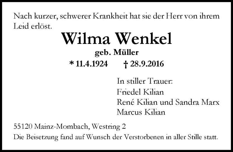  Traueranzeige für Wilma Wenkel vom 08.10.2016 aus Trauerportal Rhein Main Presse