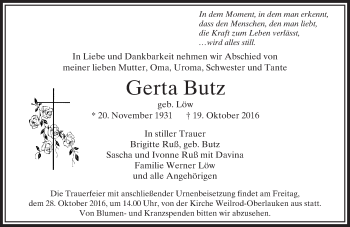 Traueranzeige von Gerta Butz von  Usinger Anzeiger