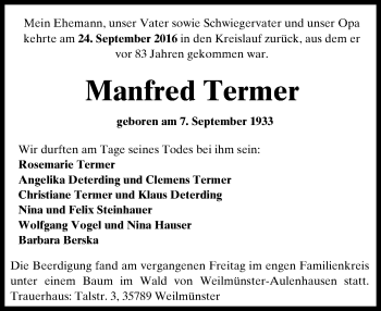 Traueranzeige von Manfred Termer von Trauerportal Rhein Main Presse