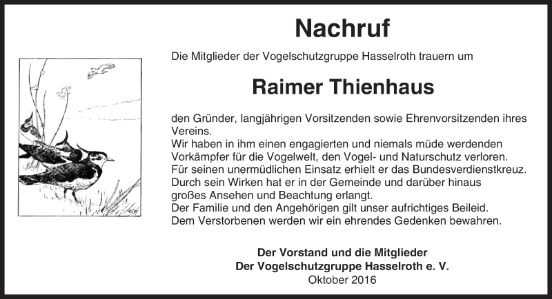  Traueranzeige für Raimer Thienhaus vom 19.10.2016 aus  Gelnhäuser Tageblatt