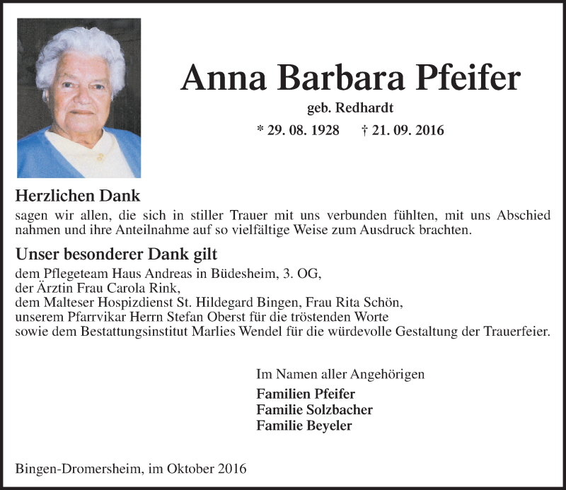  Traueranzeige für Anna Barbara Pfeifer vom 15.10.2016 aus Trauerportal Rhein Main Presse