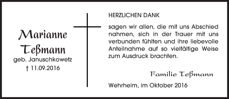  Traueranzeige für Marianne Teßmann vom 22.10.2016 aus  Usinger Anzeiger