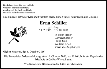 Traueranzeige von Erna Schiller von  Gießener Anzeiger