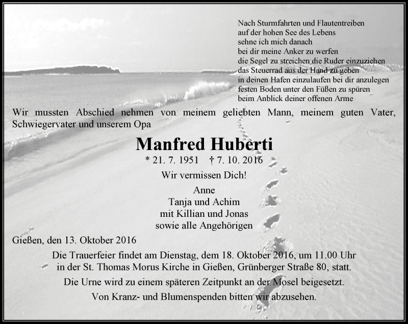  Traueranzeige für Manfred Huberti vom 13.10.2016 aus  Gießener Anzeiger