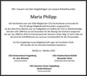 Traueranzeige von Maria Philipp von VRM Trauer
