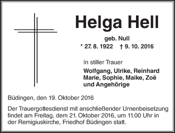 Traueranzeige von Helga Hell von  Kreisanzeiger