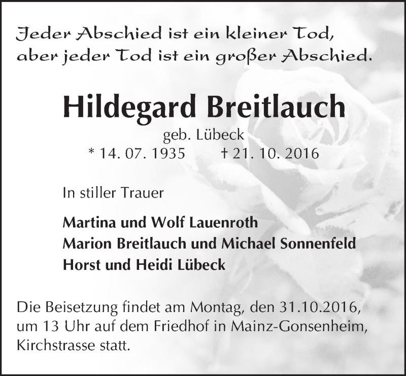  Traueranzeige für Hildegard Breitlauch vom 29.10.2016 aus Trauerportal Rhein Main Presse