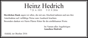 Traueranzeige von Heinz Hedrich von VRM Trauer