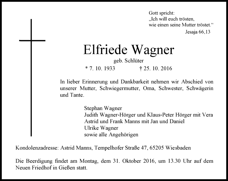  Traueranzeige für Elfriede Wagner vom 29.10.2016 aus  Gießener Anzeiger