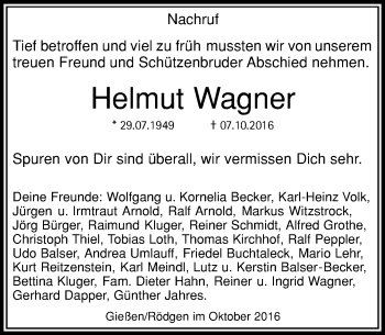 Traueranzeige von Helmut Wagner von  Gießener Anzeiger