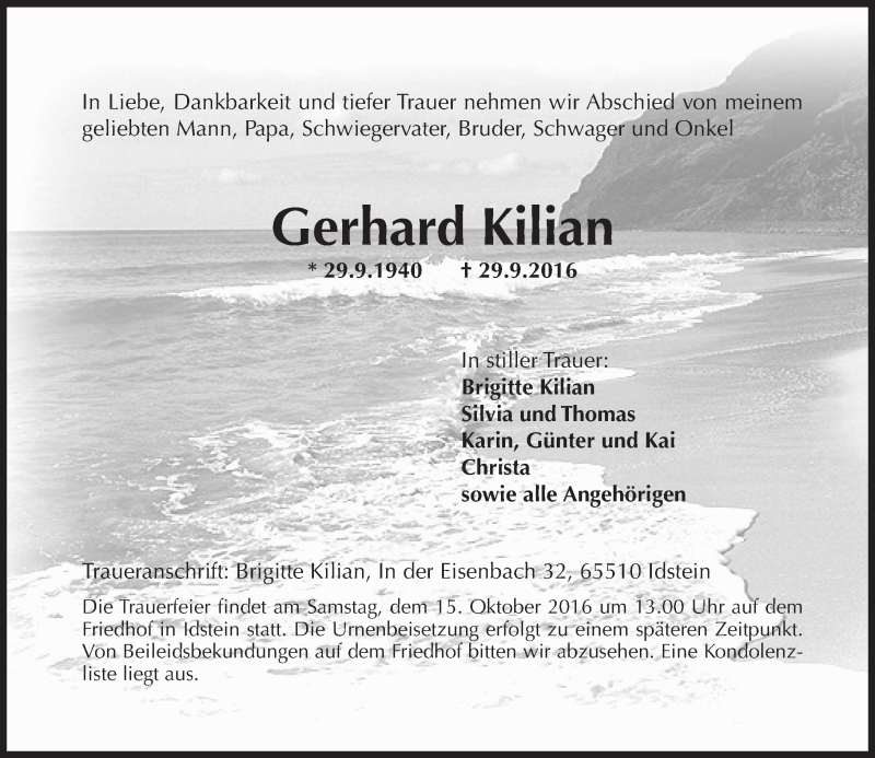  Traueranzeige für Gerhard Kilian vom 12.10.2016 aus Trauerportal Rhein Main Presse