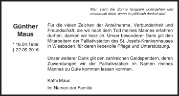Traueranzeige von Günther Maus von Trauerportal Rhein Main Presse