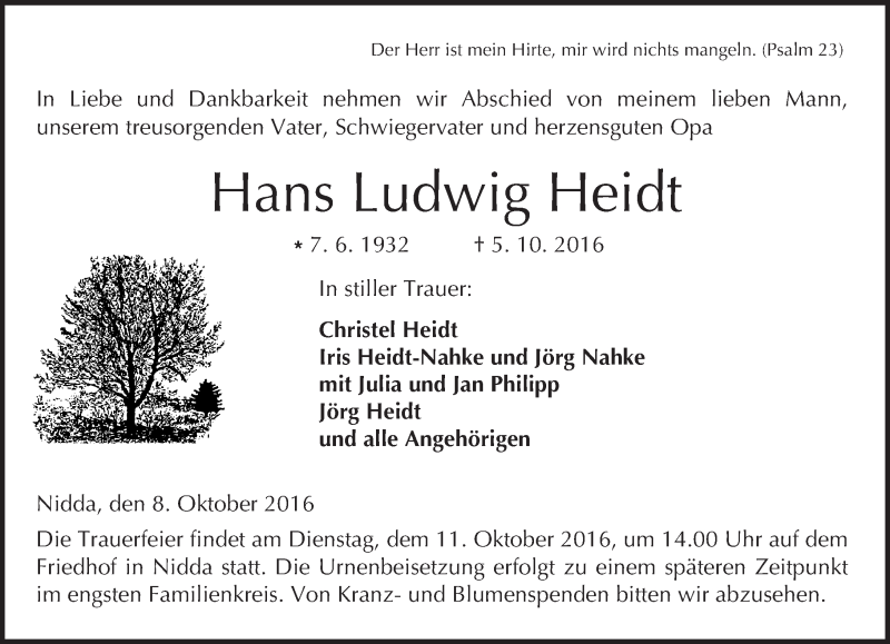  Traueranzeige für Hans Ludwig Heidt vom 08.10.2016 aus  Kreisanzeiger