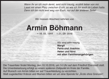 Traueranzeige von Armin Böhmann von Trauerportal Echo Online