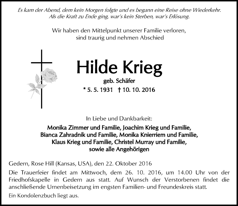  Traueranzeige für Hilde Krieg vom 22.10.2016 aus  Kreisanzeiger