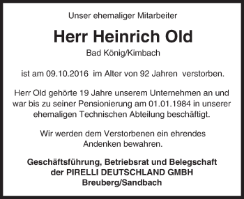 Traueranzeige von Heinrich Old von Trauerportal Echo Online